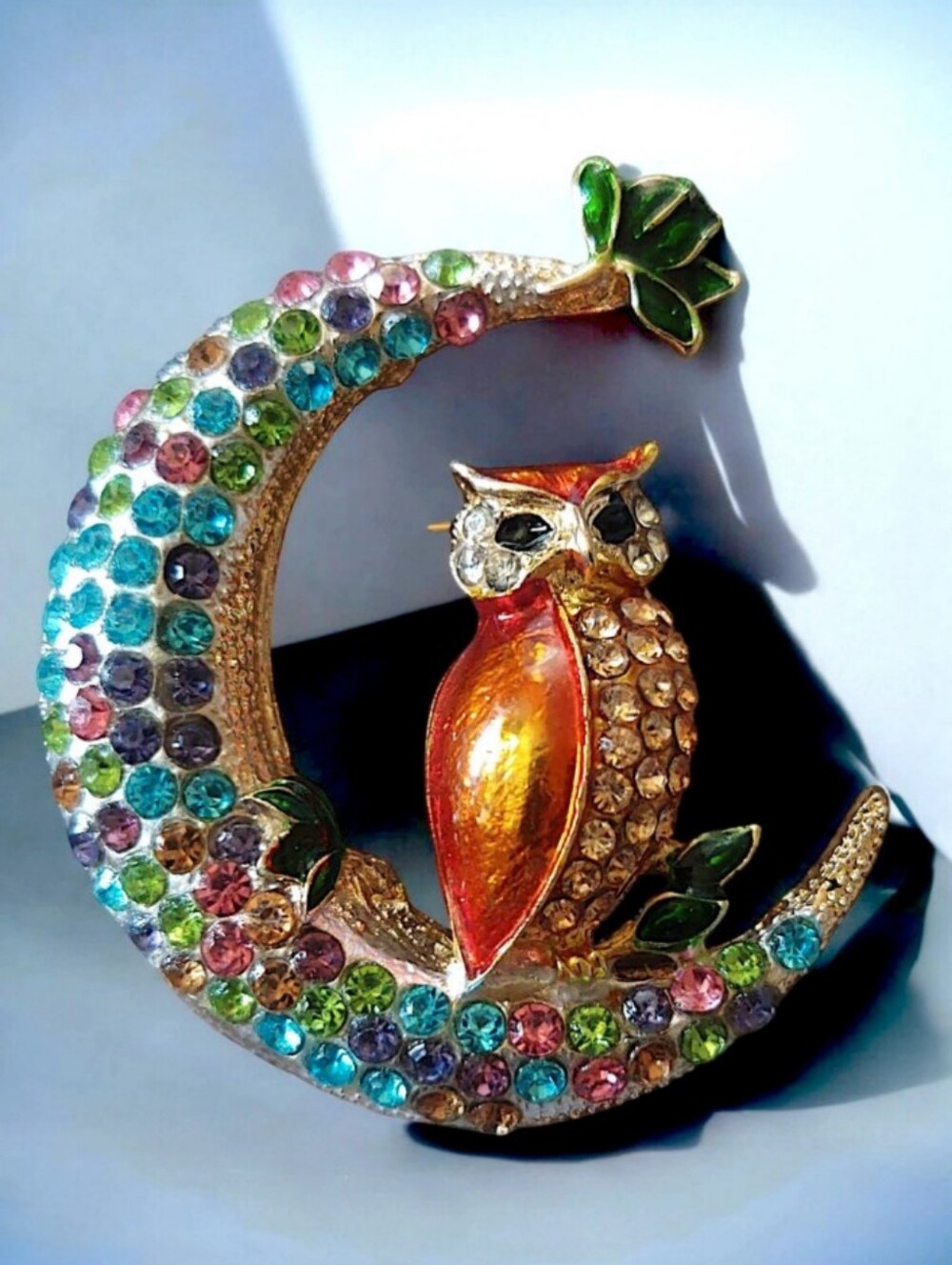 Multicolor Crystal Owl on Crescent Moon Brooch